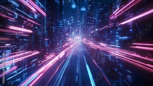 Speed light trails path through smart modern mega city and skyscrapers town with neon futuristic technology background, future virtual reality, motion effect, high speed light