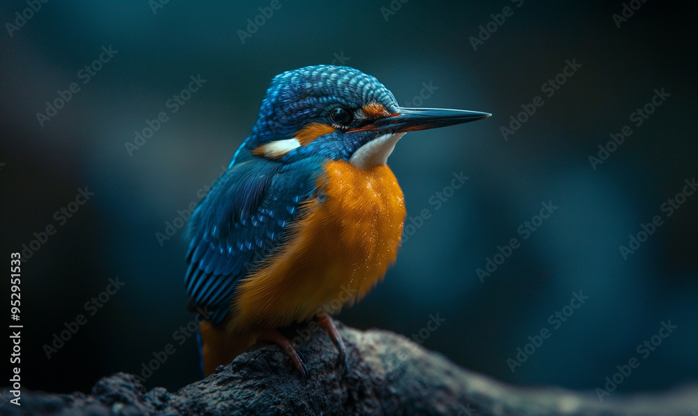 Fototapeta premium vibrant kingfisher close-up perched on branch, showcasing colorful feathers and detailed natural habitat
