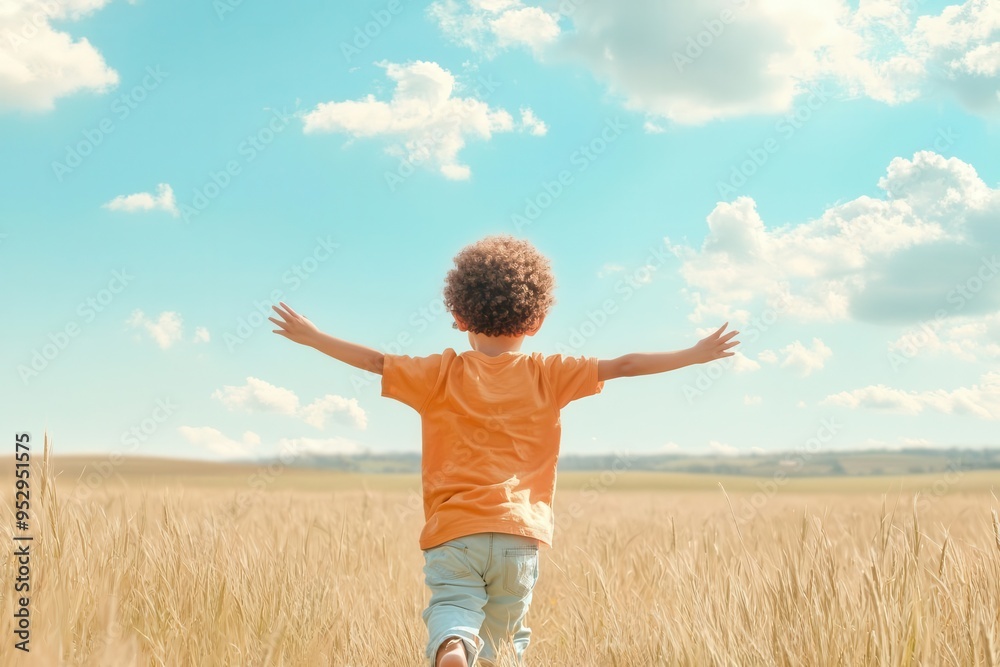 Black child running through a field, with arms wide open, focus on freedom, whimsical, Composite, open countryside Black child running through a field, with arms wide open, focus on freedom, whimsical, Composite, open countryside