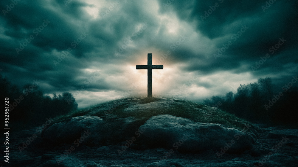 Christianity cross on resurrect hill with dark cloudy sky, stone faith, Catholic symbolism, and spiritual significance
Christianity cross on resurrect hill with dark cloudy sky, stone faith, Catholic symbolism, and spiritual significance