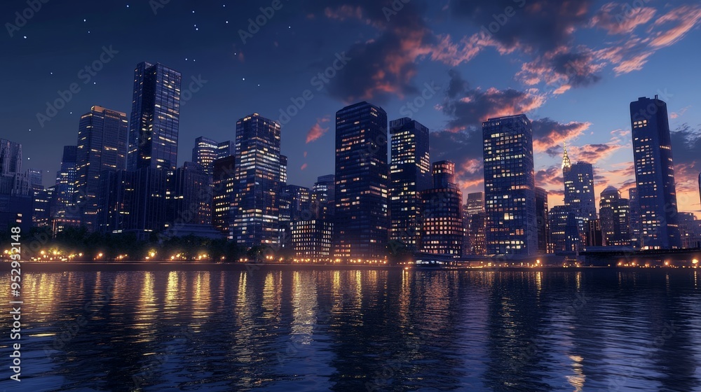 Fototapeta premium Design a city waterfront with high-rise buildings overlooking a river or harbor.