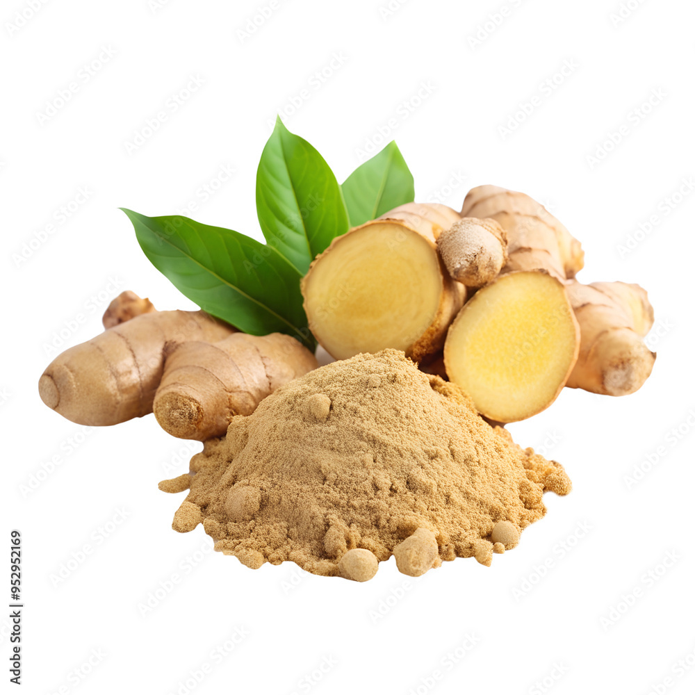 Fototapeta premium Ground ginger and ginger slices on an isolated background, ginger root on an isolated background