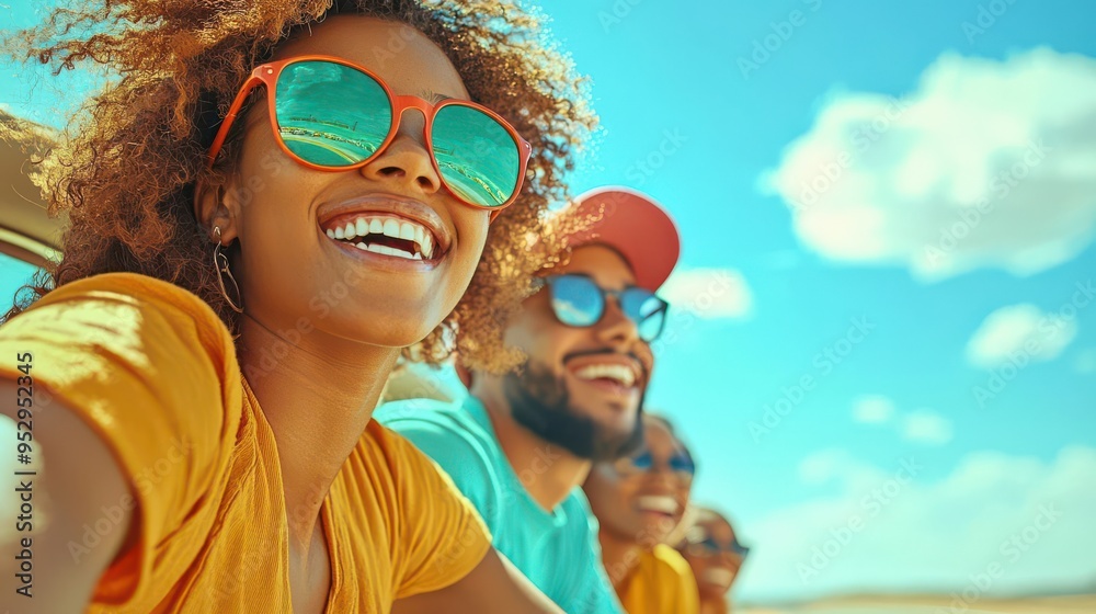 Group of black friends on a road trip, capturing their adventure, copy space journey together, dynamic, Double exposure, highway Group of black friends on a road trip, capturing their adventure, copy space journey together, dynamic, Double exposure, highway
