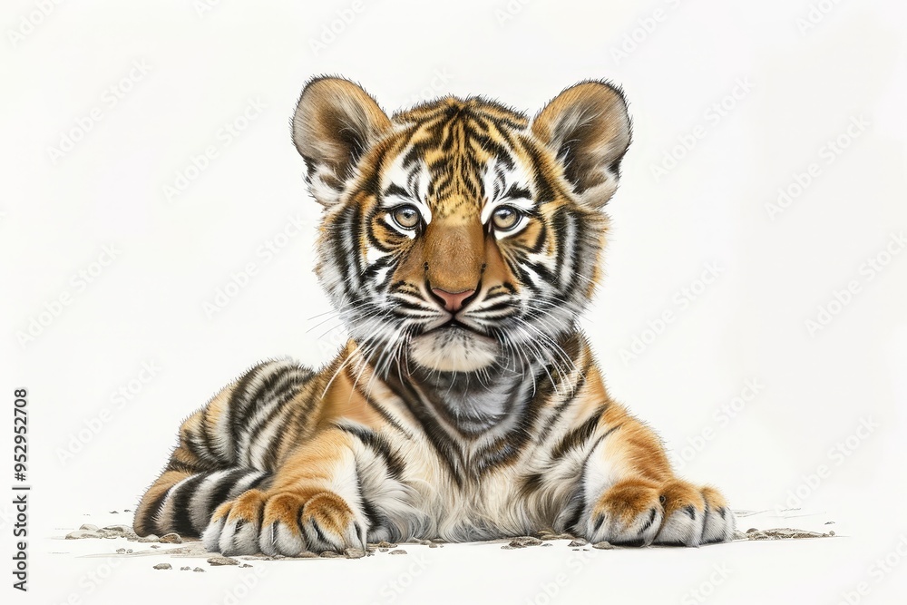 Obraz premium In a cute cartoon and Chinese ink painting style, a baby Northeast Tiger smiles at you from the ground, raised and joyful.