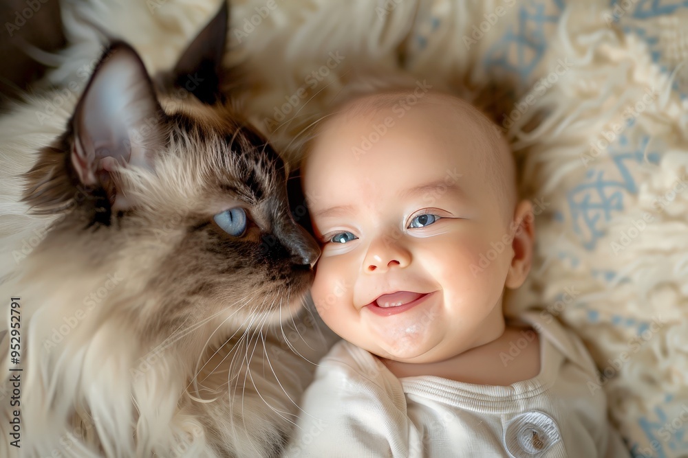 In a heartwarming scene, a long-haired cat with soft blue eyes affectionately licks the cheek of a five-month-old baby girl. In a heartwarming scene, a long-haired cat with soft blue eyes affectionately licks the cheek of a five-month-old baby girl.