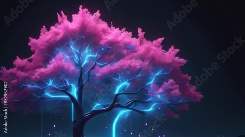 abstract fantasy Glowing neon pink blue tree lights dark background, motion