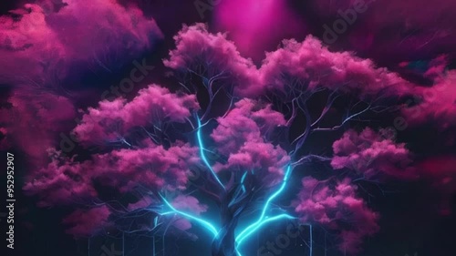 abstract fantasy Glowing neon pink blue tree lights on dark background, motion