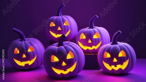 abstract neon Halloween pumpkins with glowing light on purple background, motion