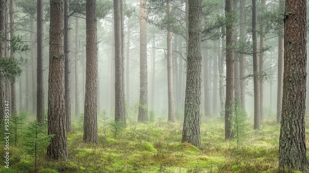 Fototapeta premium A foggy morning in a pine forest with soft, diffused light creating a mystical and calming atmosphere.