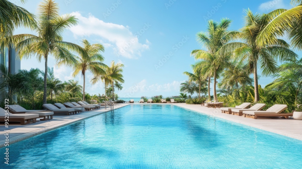 A luxurious outdoor swimming pool with sun loungers and palm trees under a clear blue sky. A luxurious outdoor swimming pool with sun loungers and palm trees under a clear blue sky.