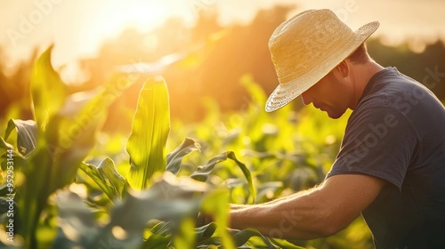 A farmer in a straw hat inspecting corn plants in a sunlit field, highlighting sustainable farming practices.