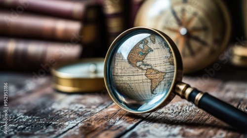 A magnifying glass highlighting specific coordinates on a world globe, with books and a compass blurred in the background.