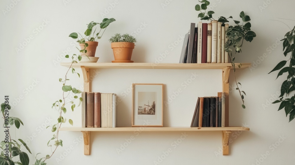 A minimalist wooden wall shelf with books, small plants, and a framed photo, set against a white wall in a cozy room. A minimalist wooden wall shelf with books, small plants, and a framed photo, set against a white wall in a cozy room.
