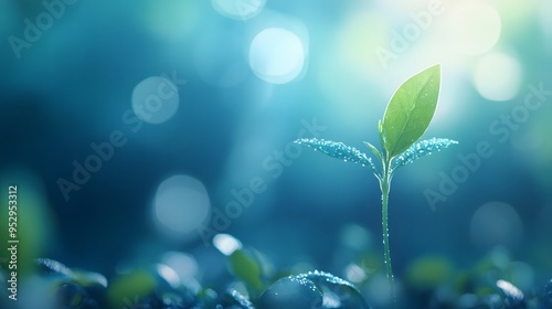 Artistic illustration of a plant sprouting on a blurred blue backdrop, highlighting the theme of development and renewal
