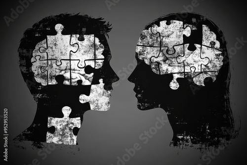 Two Human Profiles with Puzzle Piece Brain Connections Symbolizing Cognitive Challenges Problem Solving and Mental Health Awareness in a Grayscale Illustration