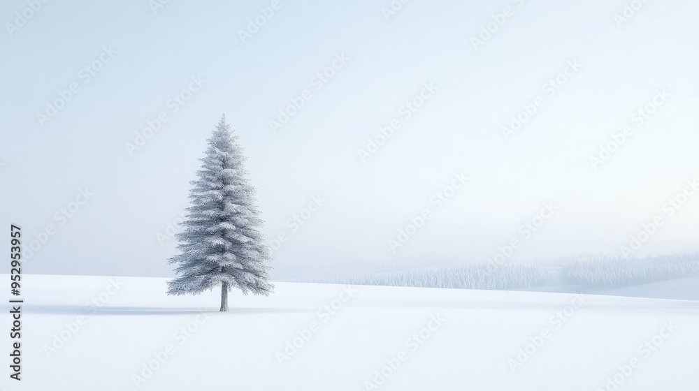 Fototapeta premium A serene winter scene with a single pine tree covered in snow, standing tall in an open snowy landscape.