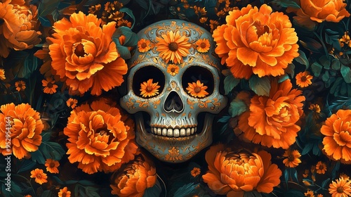 Vibrant Floral Skull Artwork with Orange Flowers - Colorful Day of the Dead Inspired Design - Intricate and Detailed Skull Surrounded by Lush Blooms - Perfect for Halloween and Artistic Decor
