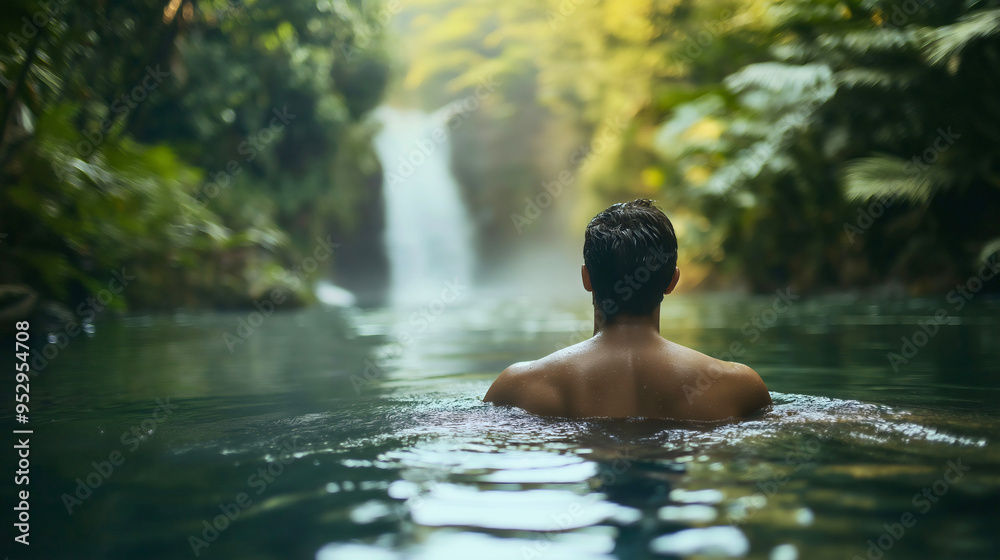 A young man swimming in river under a waterfall in a tropical jungle, surrounded by lush greenery, adventure and relaxation during summer vacation in paradise nature holiday A young man swimming in river under a waterfall in a tropical jungle, surrounded by lush greenery, adventure and relaxation during summer vacation in paradise nature holiday