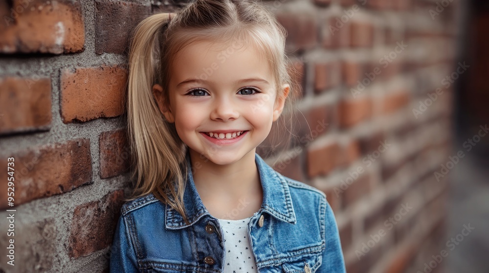 A young girl with blonde hair in a ponytail, wearing a denim jacket, standing against a brick wall with a cheerful smile. A young girl with blonde hair in a ponytail, wearing a denim jacket, standing against a brick wall with a cheerful smile.