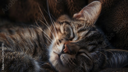 A peaceful sleeping tabby cat resting on a soft surface.