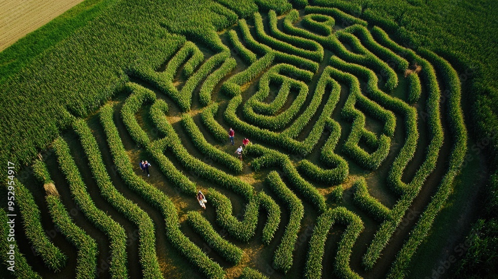 Aerial view of a corn maze carved into a large field, with visitors walking through the paths. Aerial view of a corn maze carved into a large field, with visitors walking through the paths.