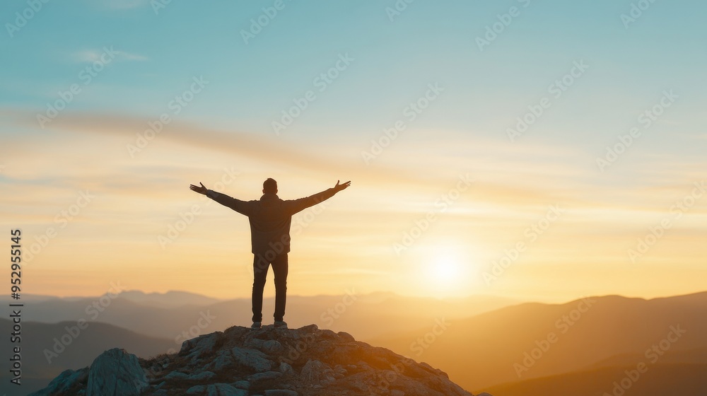 A person stands on a mountain top, embracing the warm glow of sunrise, symbolizing freedom and achievement in nature. A person stands on a mountain top, embracing the warm glow of sunrise, symbolizing freedom and achievement in nature.