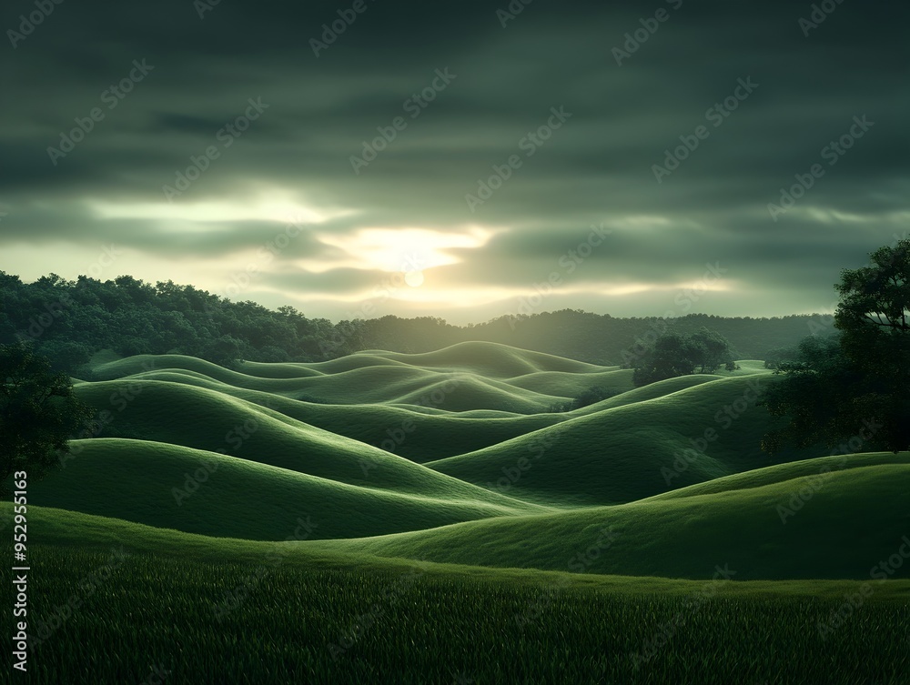 Fototapeta premium Peaceful Rural Dawn Landscape with Misty Hills and Sunlit Atmosphere