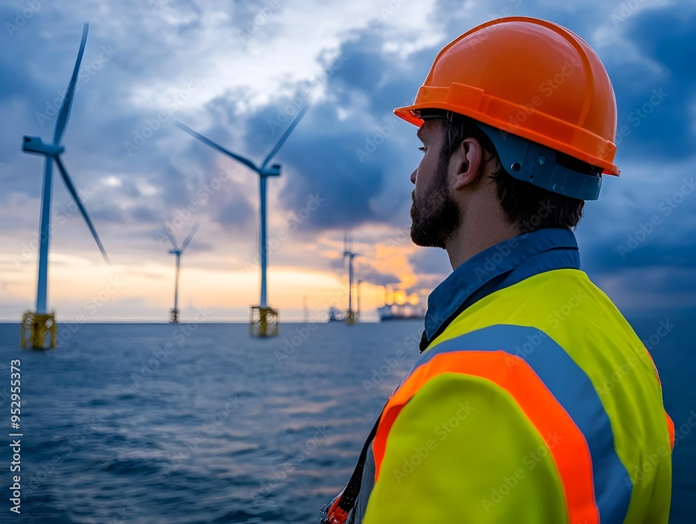 Wind Turbine Engineer Inspecting Massive Offshore Renewable Energy Facility in Dramatic Cinematic Style Wind Turbine Engineer Inspecting Massive Offshore Renewable Energy Facility in Dramatic Cinematic Style