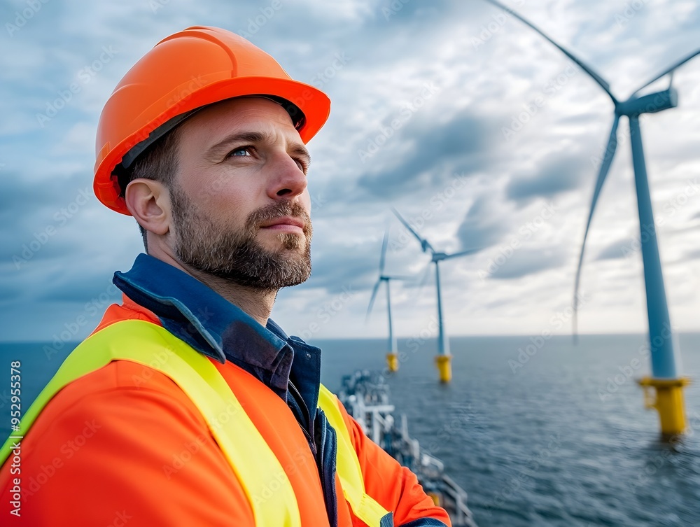 Diligent Wind Turbine Engineer Inspecting Offshore Renewable Energy Facility in Cinematic Lighting Diligent Wind Turbine Engineer Inspecting Offshore Renewable Energy Facility in Cinematic Lighting
