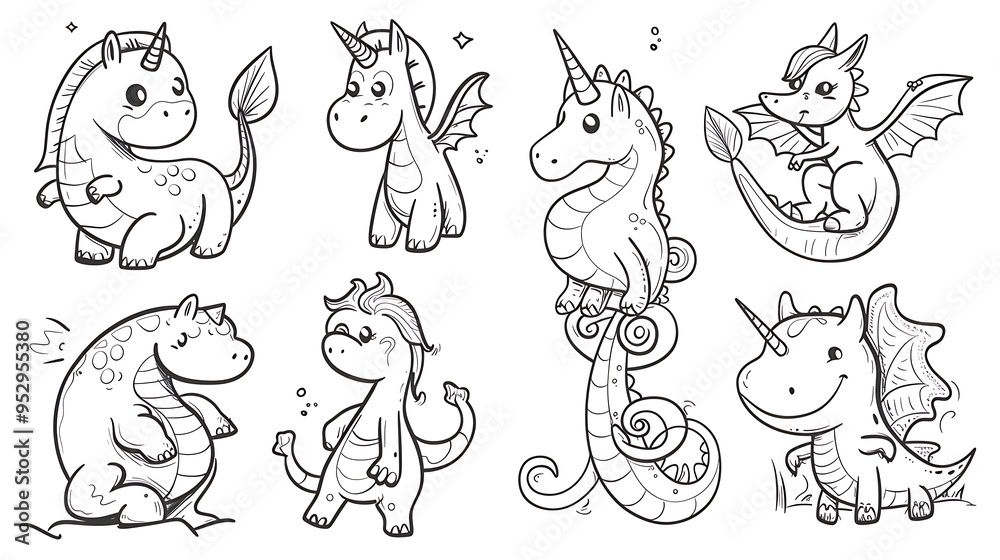 A collection of cute, cartoon-style mythical creatures like unicorns and dragons.