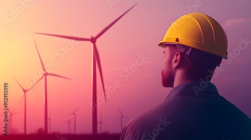 Professional Wind Turbine Engineer Inspecting Towering Renewable Energy Equipment in Elegant Technical