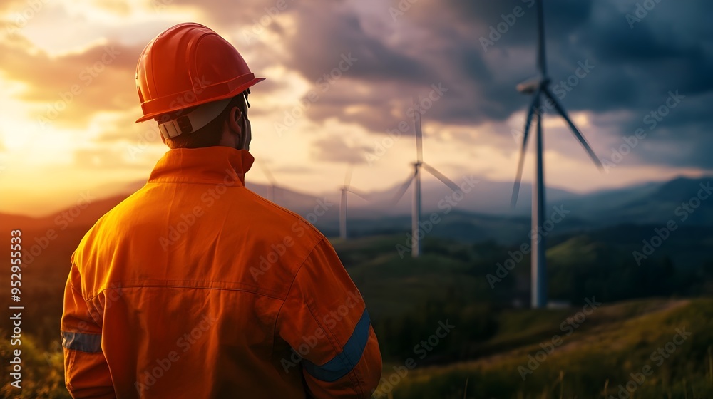 Wind Turbine Engineer Inspecting Technology Efficiency in Remote Rural Landscape Wind Turbine Engineer Inspecting Technology Efficiency in Remote Rural Landscape