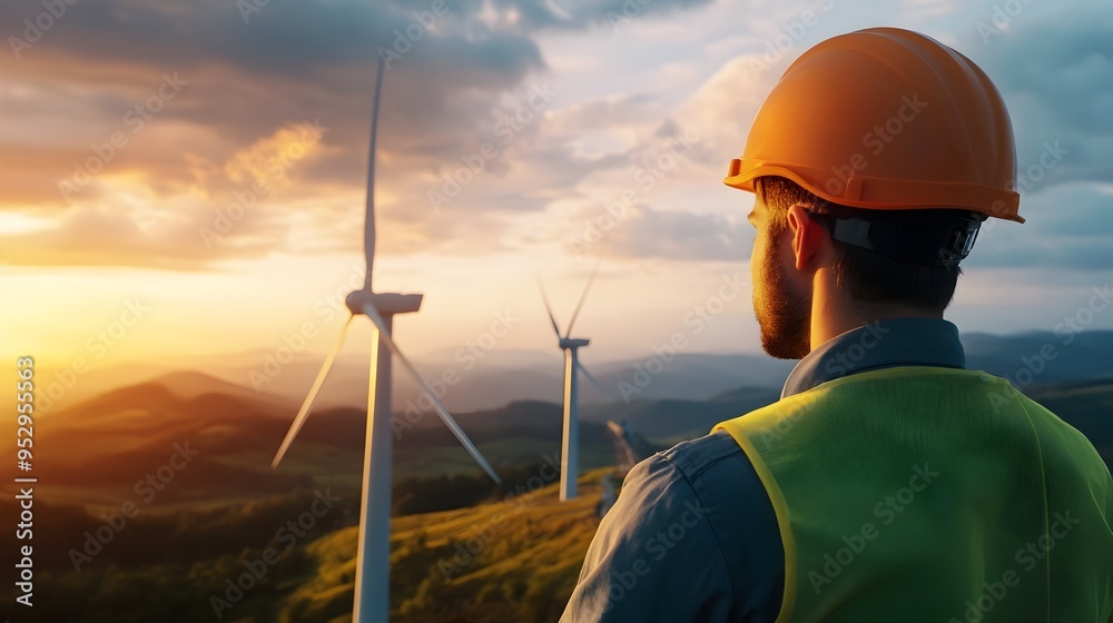 Wind Turbine Engineer Inspecting Efficiency in Remote Landscape with Cloudy Skies Wind Turbine Engineer Inspecting Efficiency in Remote Landscape with Cloudy Skies