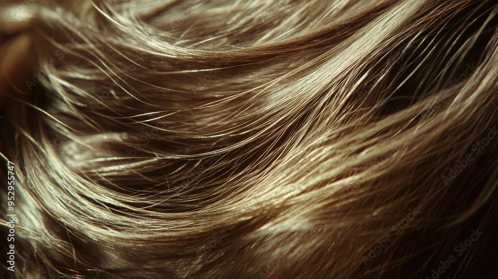 Close-up of shiny, flowing brunette hair in motion, capturing the texture and natural highlights under soft lighting.