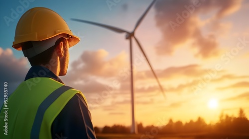 Wind Turbine Engineer Inspecting and Repairing Towering Renewable Energy Infrastructure