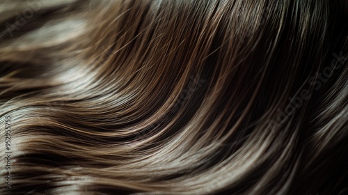 Close-up of shiny, flowing brunette hair in motion, capturing the texture and natural highlights under soft lighting.