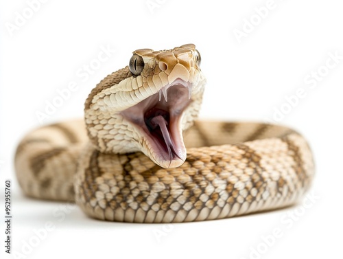 A detailed close-up of a snake with an open mouth, showcasing its unique patterns and textures against a white background.