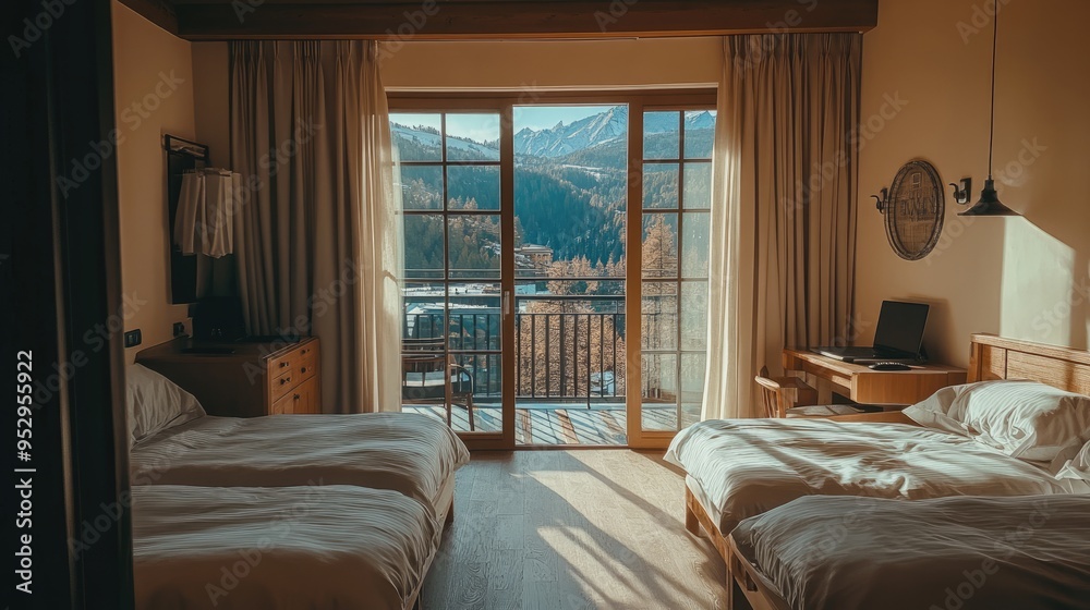 Cozy hotel room with twin beds, a work desk, and a balcony with a view of the mountains. Cozy hotel room with twin beds, a work desk, and a balcony with a view of the mountains.