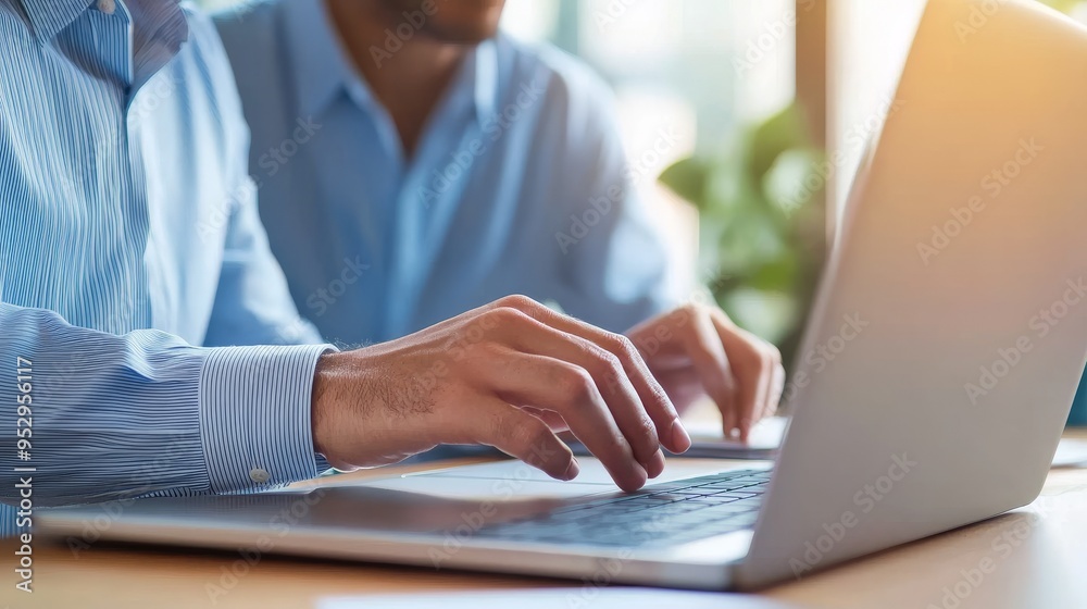 Close-up of hands typing on laptop in a bright office, showcasing productivity and focus in a modern workspace. Close-up of hands typing on laptop in a bright office, showcasing productivity and focus in a modern workspace.