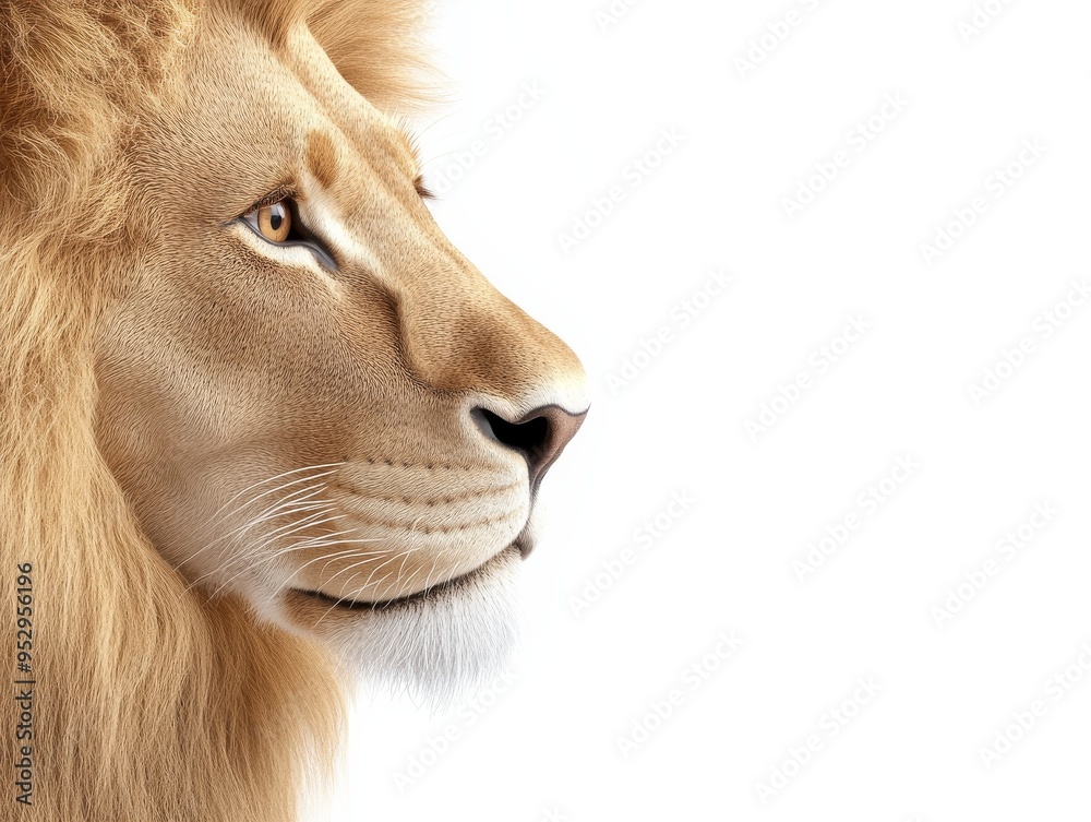 Obraz premium Majestic lion profile showcasing its powerful features and elegant mane against a clean, white background.