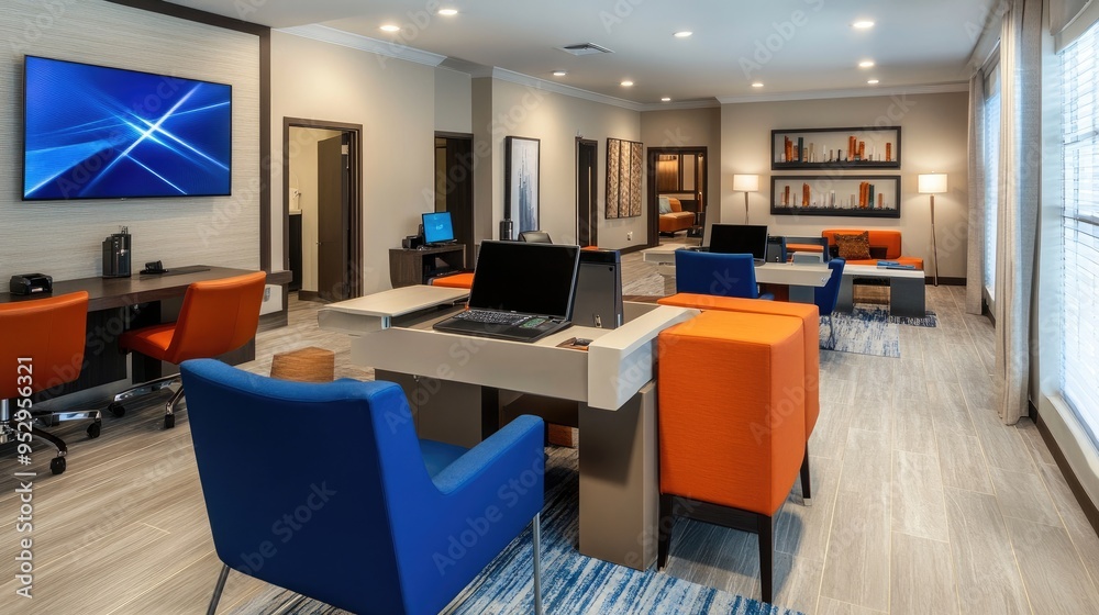 Hotel business lounge with modern furniture, workstations, and complimentary refreshments Hotel business lounge with modern furniture, workstations, and complimentary refreshments