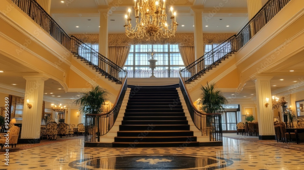 Obraz premium Hotel entrance with a grand staircase, chandelier, and elegant decor welcoming guests.