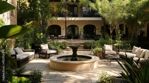 Hotel courtyard with a tranquil garden, fountain, and comfortable seating areas.