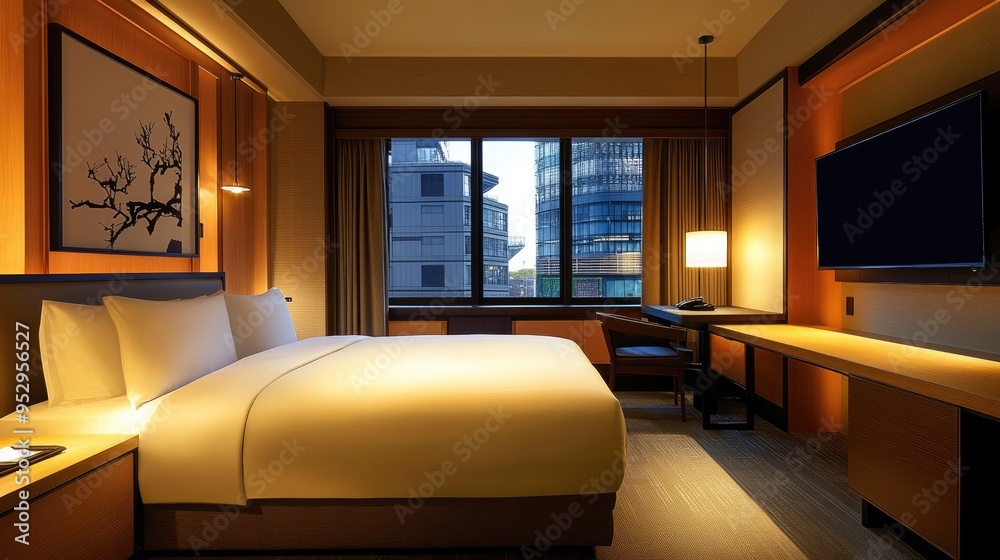 Hotel room with minimalist design, featuring a comfortable bed, a small work desk, and a flat-screen TV.
