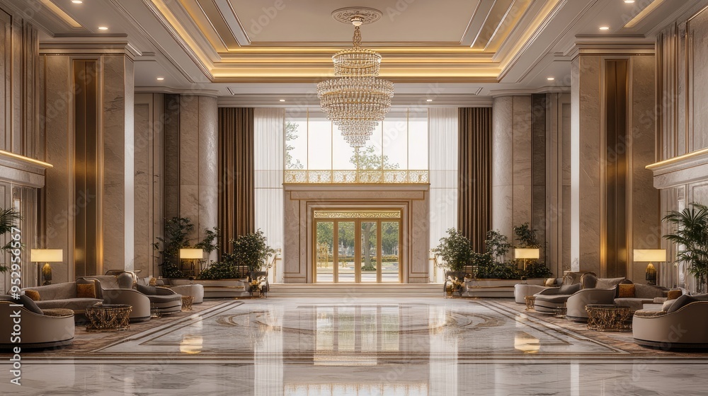 Luxury hotel reception with marble floors, a grand chandelier, and plush seating. Luxury hotel reception with marble floors, a grand chandelier, and plush seating.