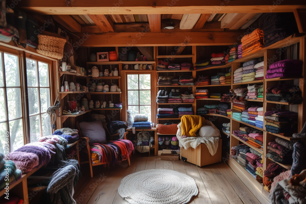 Creative Haven: Cozy Knitting Studio with Yarn-Filled Shelves Creative Haven: Cozy Knitting Studio with Yarn-Filled Shelves