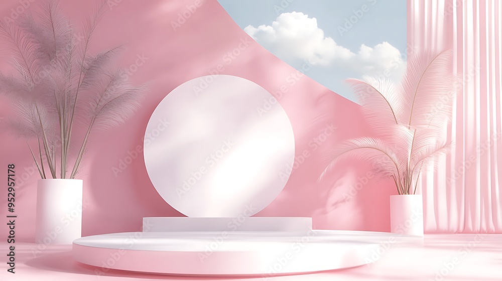 Minimalist Pink Product Display with Palm Leaves