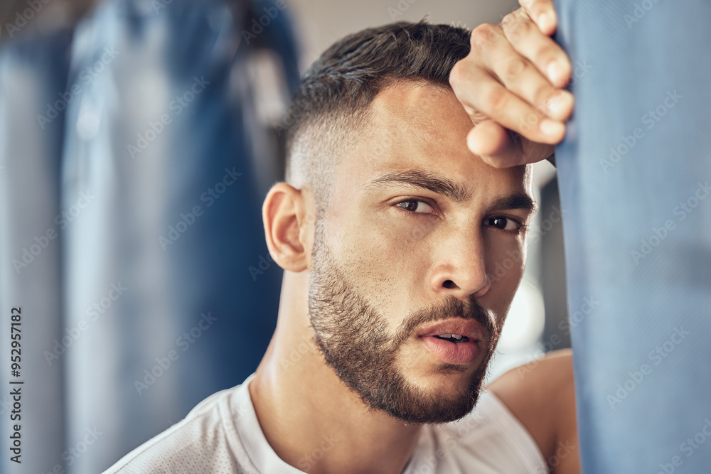 Fototapeta premium Exhausted man, portrait and boxer with punching bag for self defense training, practice or martial arts at gym. Tired male person or fighter in fitness for break after intense exercise or boxing