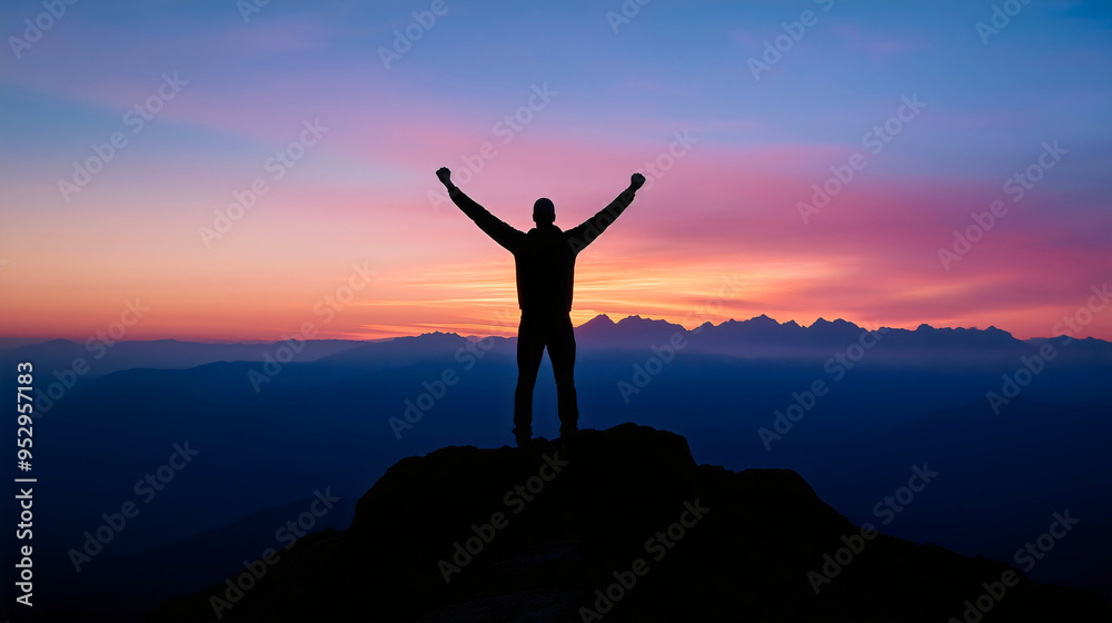 Man on mountain top with raised up arms, freedom and success silhouette against sunset sky, adventurous hiker celebrating victory at nature peak with outstretched hands Man on mountain top with raised up arms, freedom and success silhouette against sunset sky, adventurous hiker celebrating victory at nature peak with outstretched hands