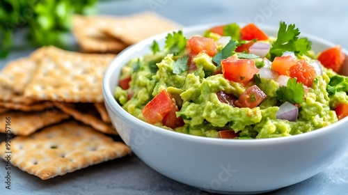 Vibrant Bowl of Homemade Guacamole with Crisp Crackers a Healthy Brain Boosting Snack